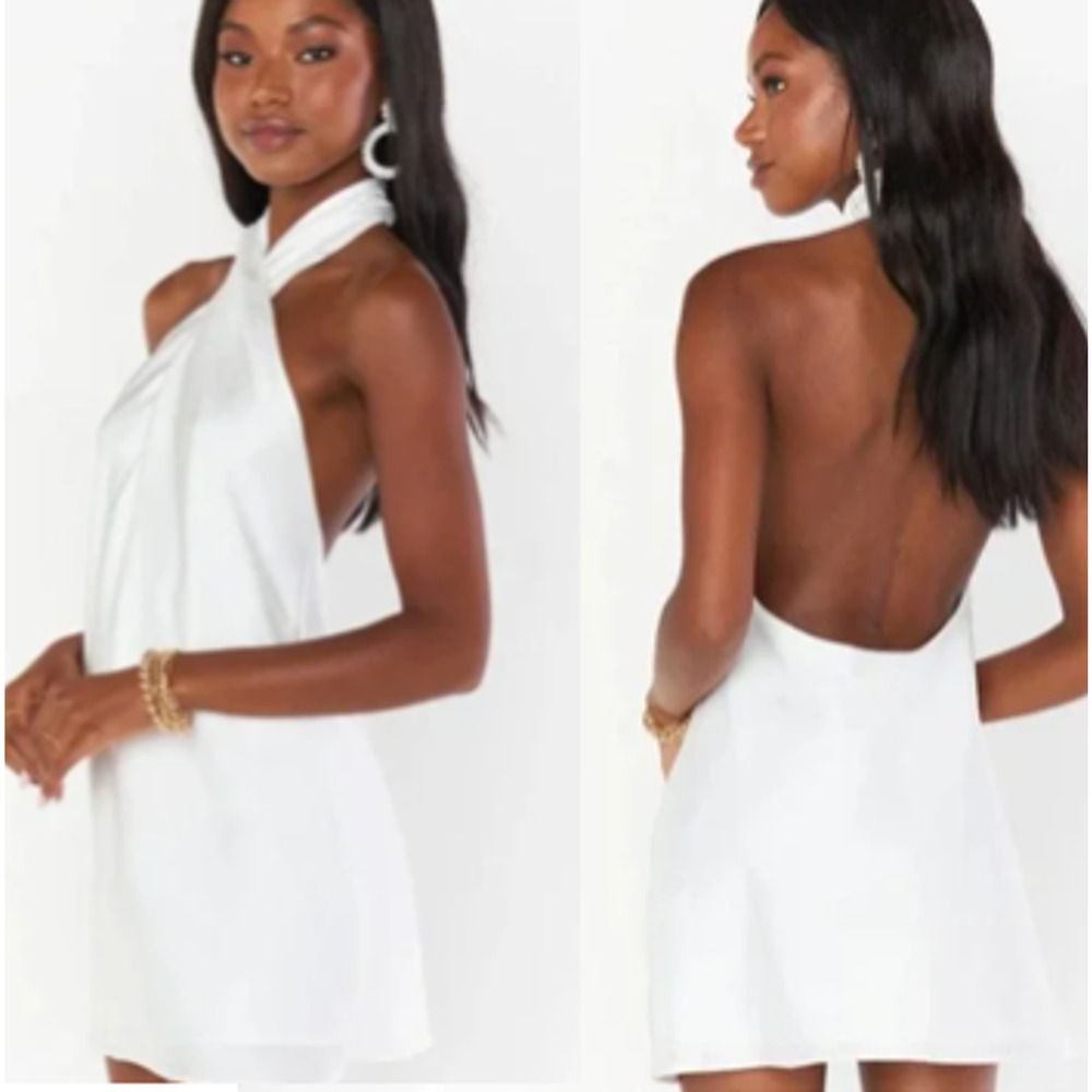 Show Me Your Mumu Jasmine Halter Mini Dress in White Luxe Satin